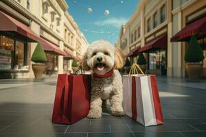 mignonne chien avec achats Sacs dans le ville. achats concept. ai généré pro photo