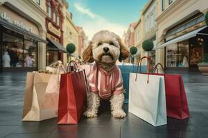 mignonne chien avec achats Sacs dans le ville. achats concept. ai généré pro photo