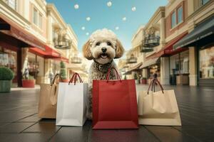 mignonne chien avec achats Sacs dans le ville. achats concept. ai généré pro photo