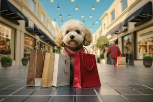 mignonne chien avec achats Sacs dans le ville. achats concept. ai généré pro photo