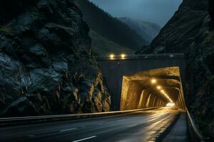 souterrain tunnel avec lumières à nuit. longue exposition. longue exposition. ai généré pro photo