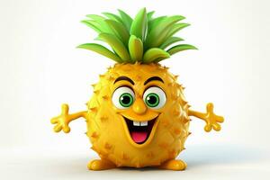 3d illustration de ananas dessin animé personnage avec content expression sur blanc Contexte. ai généré pro photo