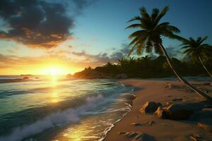 magnifique le coucher du soleil sur le tropical plage. paysage marin à le coucher du soleil. ai généré pro photo