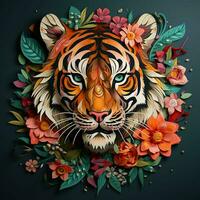 magnifique tigre avec fleurs sur une foncé Contexte. ai généré pro photo