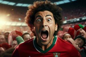 une fou Portugais Football Supporter célèbre. ai généré pro photo