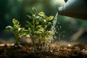 arrosage une Jeune vert plante dans le sol avec l'eau gouttelettes. ai généré pro photo