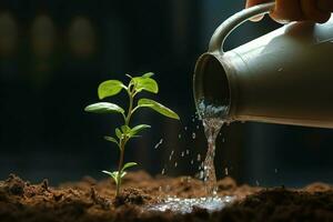 arrosage une Jeune vert plante dans le sol avec l'eau gouttelettes. ai généré pro photo