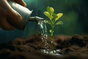 arrosage une Jeune vert plante dans le sol avec l'eau gouttelettes. ai généré pro photo