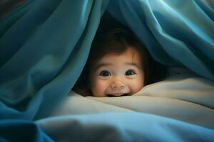 mignonne peu bébé en dessous de couverture à maison. content enfance concept. ai généré pro photo