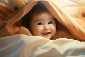 mignonne peu bébé en dessous de couverture à maison. content enfance concept. ai généré pro photo