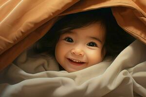 mignonne peu bébé en dessous de couverture à maison. content enfance concept. ai généré pro photo