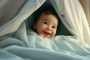 mignonne peu bébé en dessous de couverture à maison. content enfance concept. ai généré pro photo