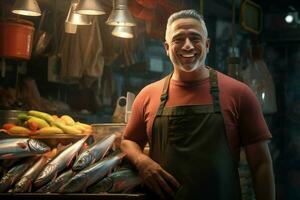 portrait de une souriant âge moyen homme vente Frais poisson dans une poisson magasin. ai généré pro photo