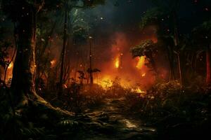 Feu dans le forêt, brûlant des arbres et des buissons dans le Contexte. ai généré pro photo