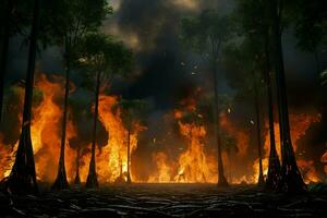 Feu dans le forêt, brûlant des arbres et des buissons dans le Contexte. ai généré pro photo