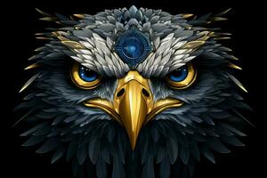 Aigle tête dans bleu et Jaune couleurs sur une noir Contexte. ai généré pro photo