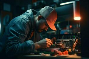 dépanneur réparer électronique circuit planche dans le atelier à nuit. ai généré pro photo