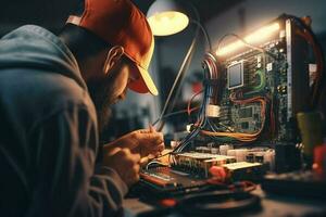 dépanneur réparer électronique circuit planche dans le atelier à nuit. ai généré pro photo