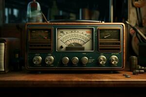 ancien radio sur une en bois table dans le intérieur de le chambre, ancien style. rétro radio. ai généré pro photo