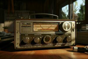 ancien radio sur une en bois table dans le intérieur de le chambre, ancien style. rétro radio. ai généré pro photo
