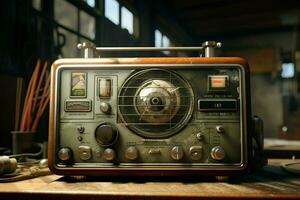 ancien radio sur une en bois table dans le intérieur de le chambre, ancien style. rétro radio. ai généré pro photo