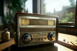 ancien radio sur une en bois table dans le intérieur de le chambre, ancien style. rétro radio. ai généré pro photo