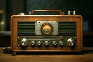 ancien radio sur une en bois table dans le intérieur de le chambre, ancien style. rétro radio. ai généré pro photo