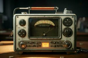 ancien radio sur une en bois table dans le intérieur de le chambre, ancien style. rétro radio. ai généré pro photo