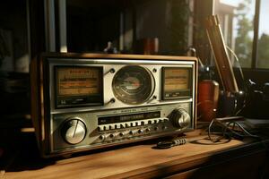 ancien radio sur une en bois table dans le intérieur de le chambre, ancien style. rétro radio. ai généré pro photo