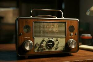 ancien radio sur une en bois table dans le intérieur de le chambre, ancien style. rétro radio. ai généré pro photo