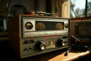 ancien radio sur une en bois table dans le intérieur de le chambre, ancien style. rétro radio. ai généré pro photo