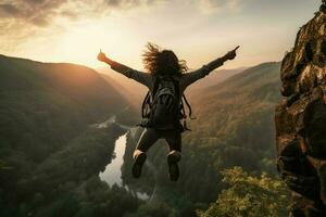 Jeune femme promeneur sauter plus de falaise dans le brumeux vallée à lever du soleil. ai généré pro photo