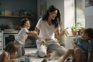 mère et sa les enfants en jouant dans vivant pièce à maison, content famille. ai généré pro photo