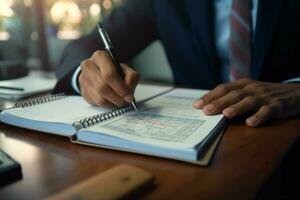 fermer de une Masculin pharmacien l'écriture dans une carnet tandis que travail dans une moderne pharmacie. ai généré pro photo