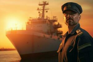 portrait de sur de soi Masculin pilote permanent avec mains sur les hanches et à la recherche à caméra tandis que permanent contre cargaison navire à le coucher du soleil. ai généré pro photo