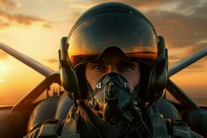 portrait de une pilote avec une gaz masque sur le Contexte de une le coucher du soleil. ai produire pro photographié photo