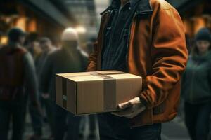 portrait de une Masculin ouvrier en portant une boîte dans une entrepôt. livraison un service concept. ai généré pro photo