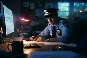 portrait de Masculin police officier séance à lieu de travail. ai généré pro photo