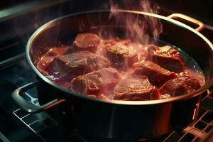 proche en haut de du boeuf steaks étant grillé sur barbecue gril avec fumée, grillé du boeuf steaks sur une barbecue gril. peu profond profondeur de champ. ai généré pro photo