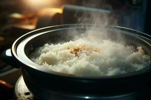 cuisine riz dans chaud pot avec vapeur sur poêle, fermer. ai généré pro photo