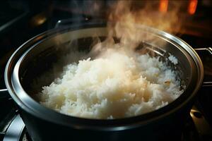 cuisine riz dans chaud pot avec vapeur sur poêle, fermer. ai généré pro photo