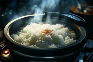 cuisine riz dans chaud pot avec vapeur sur poêle, fermer. ai généré pro photo