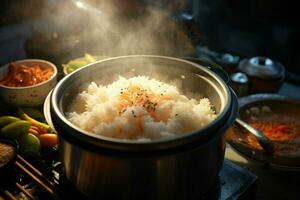 cuisine riz dans chaud pot avec vapeur sur poêle, fermer. ai généré pro photo