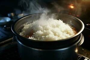cuisine riz dans chaud pot avec vapeur sur poêle, fermer. ai généré pro photo