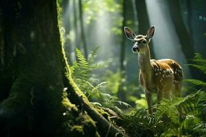 majestueux rouge cerf cerf dans le forêt. magnifique sauvage cerf dans le forêt. faune scène de la nature. ai généré pro photo
