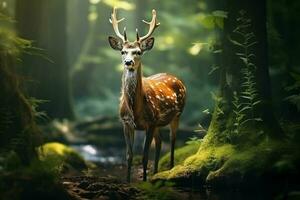 majestueux rouge cerf cerf dans le forêt. magnifique sauvage cerf dans le forêt. faune scène de la nature. ai généré pro photo