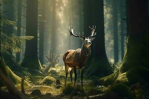 majestueux rouge cerf cerf dans le forêt. magnifique sauvage cerf dans le forêt. faune scène de la nature. ai généré pro photo