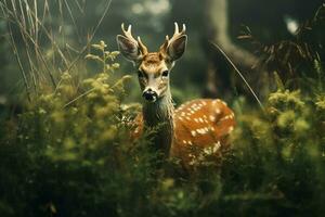 majestueux rouge cerf cerf dans le forêt. magnifique sauvage cerf dans le forêt. faune scène de la nature. ai généré pro photo