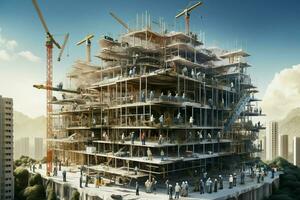 construction site avec échafaudage et ouvriers. bâtiment concept. ai généré pro photo