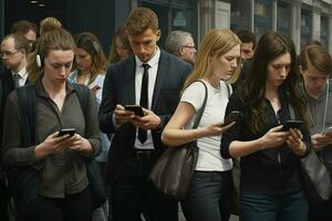 groupe de Jeune gens en utilisant leur les smartphones dans le rue. Urbain scène. ai généré pro photo